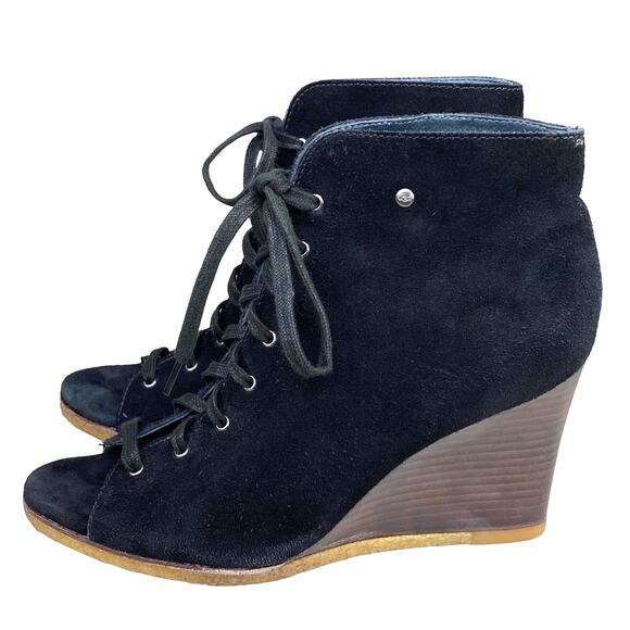 UGG Women’s Elyse Black Suede Open Toe Wedge Ankle Booties Size US 8 - Picture 5 of 9